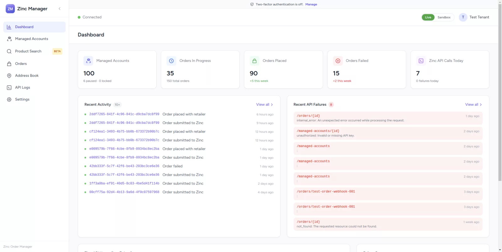 Zinc Manager dashboard showing managed accounts, orders, and API activity