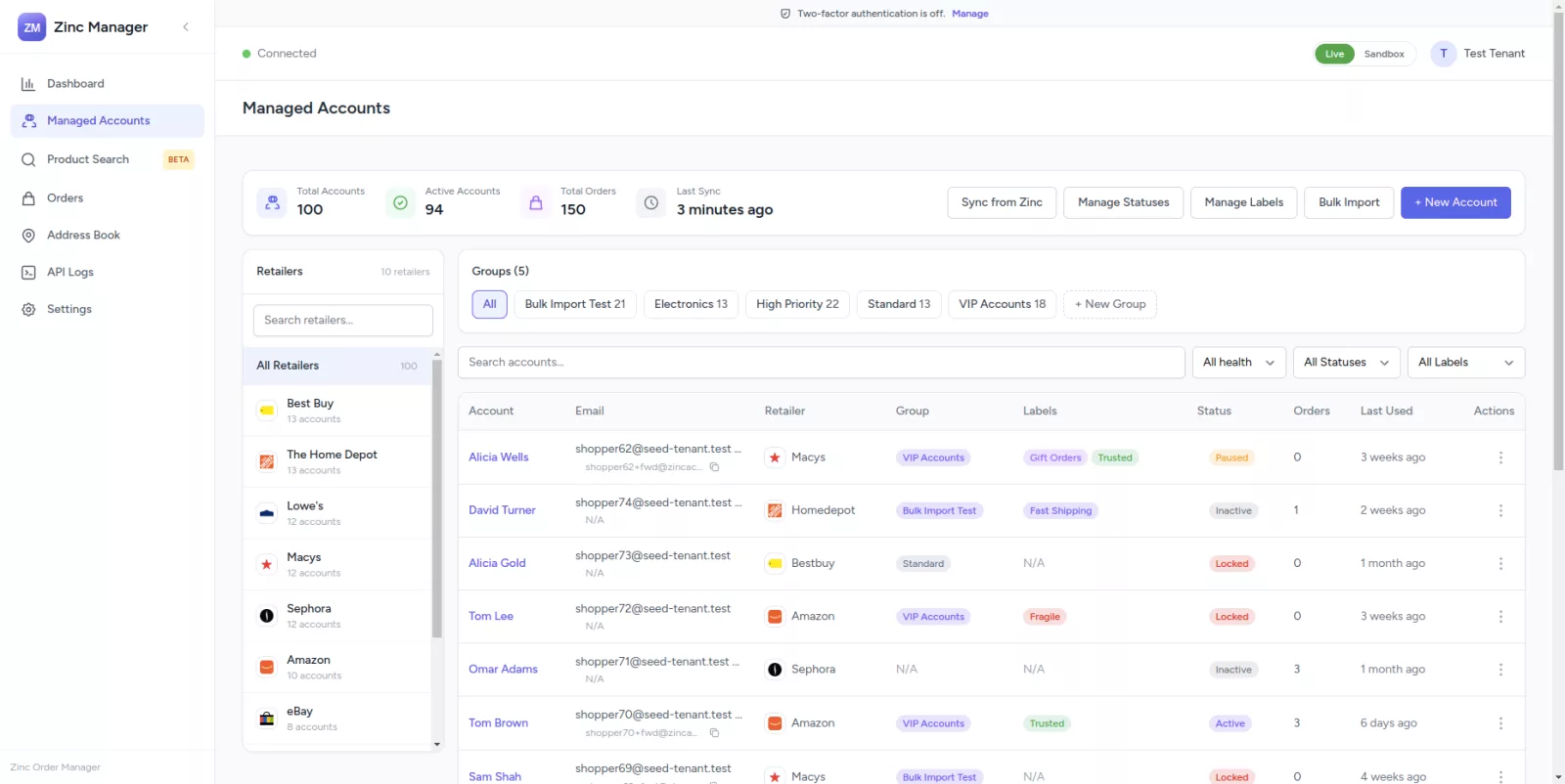 Zinc Manager managed accounts list with groups, labels, and status