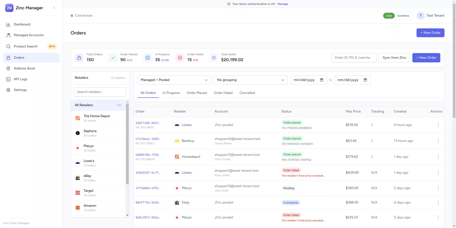Zinc Manager orders list with statuses, retailers, and tracking