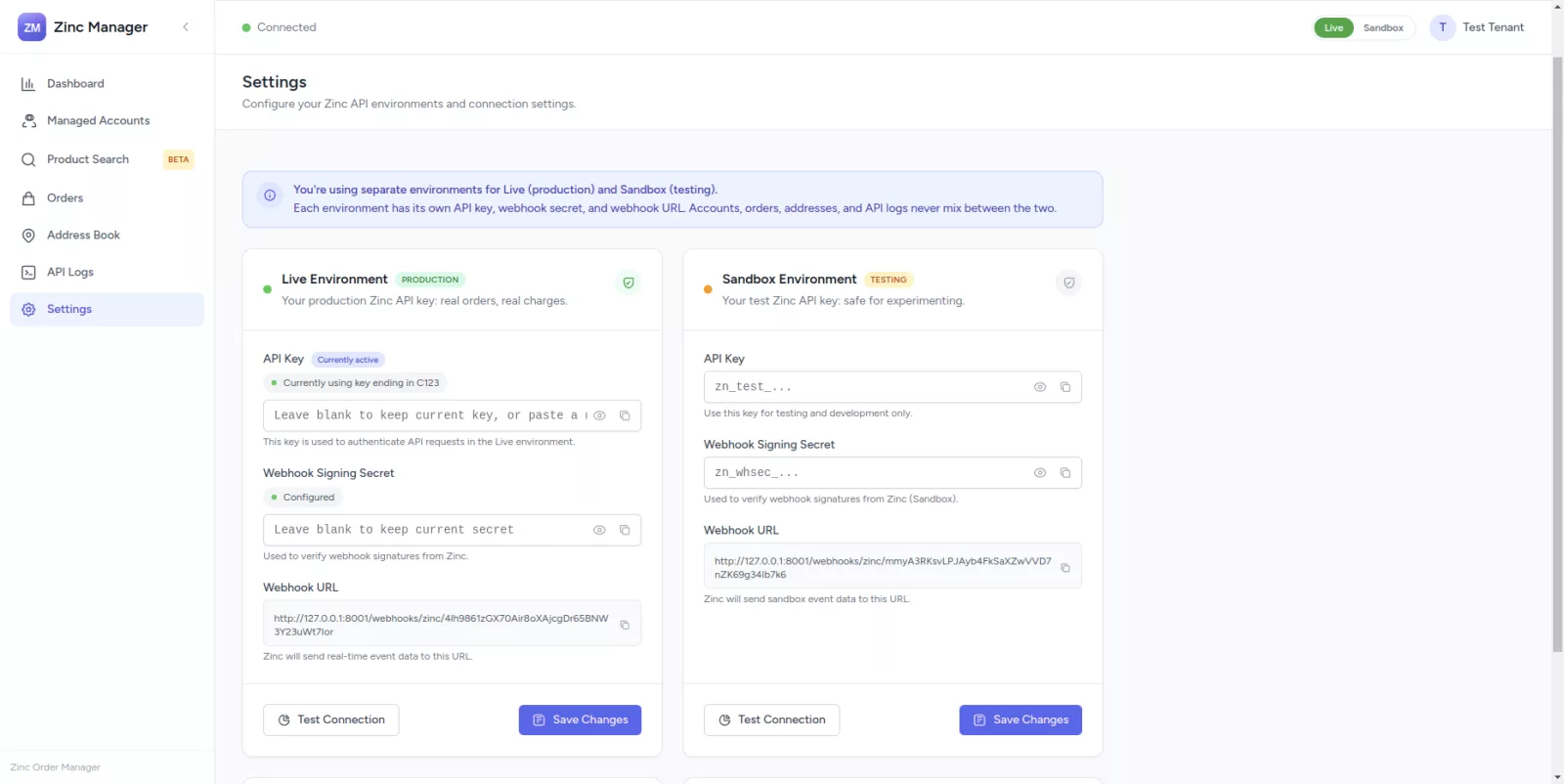 Zinc Manager settings with Live and Sandbox API keys